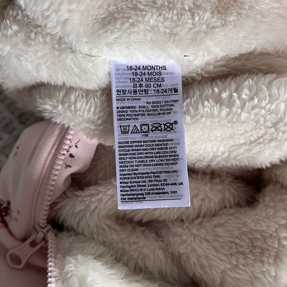 Baby Gap Hooded Sherpa Zip-up One Piece, 18-24 mo., light pink floral - Picture 4 of 5